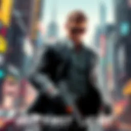 Artwork showcasing a sleek character resembling James Bond with a futuristic city background and high-tech gadgets, embodying elements of action and stealth gameplay.