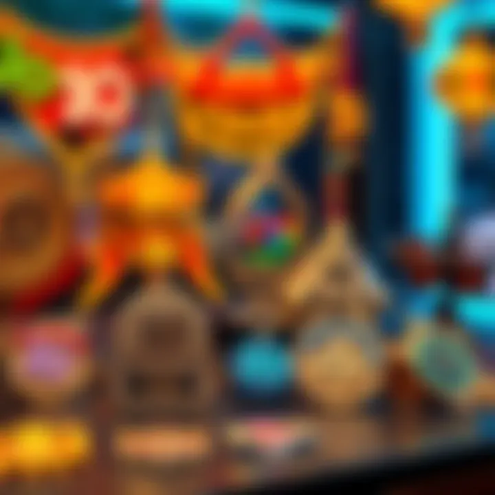 A collection of 10-year charms displayed on a table, showcasing different designs and colors, symbolizing long-term player achievements.