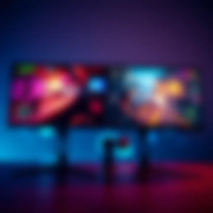 A side-by-side comparison of a 1440p and a 4K gaming monitor displaying vibrant graphics and gaming scenes.