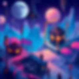 A vibrant top-down view of a sci-fi themed RPG environment, featuring pixelated characters exploring an alien landscape with futuristic buildings and spaceships.