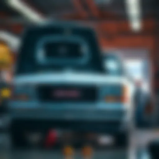 A 1995 GMC 1500 truck parked in a garage, showing signs of wear, with open hood indicating engine troubleshooting work is being done.