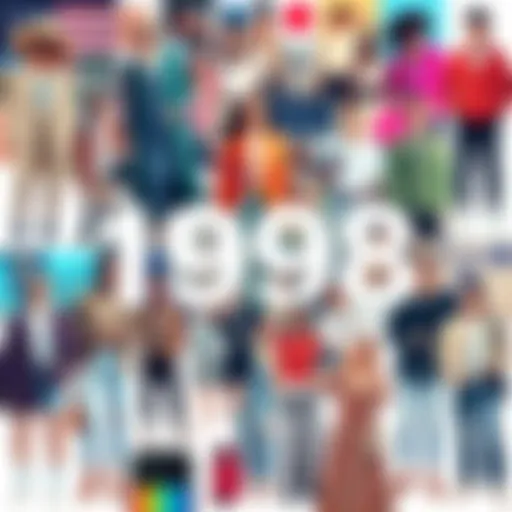 A collage showcasing popular fashion, technology, and cultural moments from 1998, including iconic clothing styles, gadgets, and memorable events.