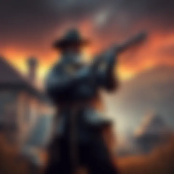 A character in a vintage outfit stands with a weapon, set against the backdrop of a 19th century Romanian village, showcasing intense gameplay atmosphere.