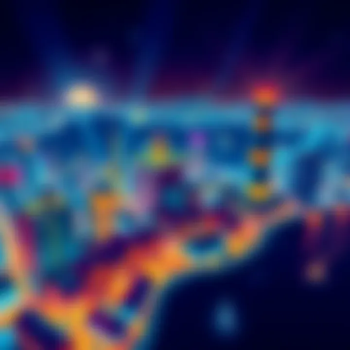 A vibrant 1-bit city skyline illuminated by night mode features with lighthouse lighting