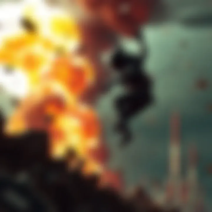 A game scene showing the elusive 1-legged leaper ready to jump, surrounded by a burst of explosions and debris.