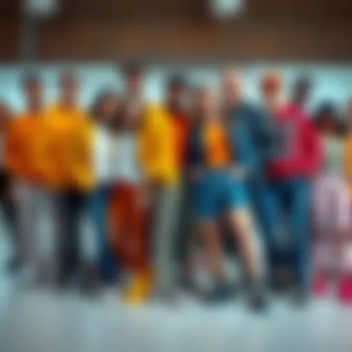A group of diverse people wearing popular fashion styles from the early 2000s, showcasing bright colors, baggy jeans, and trendy accessories.