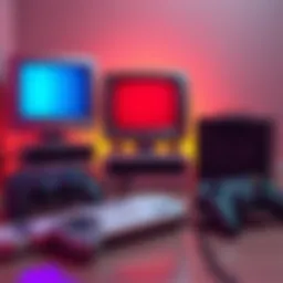 A nostalgic gaming setup featuring a CRT monitor, classic gaming console, and vintage controllers from the 2000s.