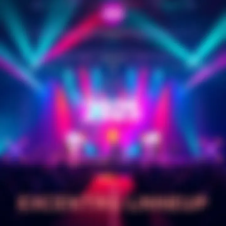 A vibrant stage setup with colorful lights and various artists preparing for a performance at the 2025 EWC.