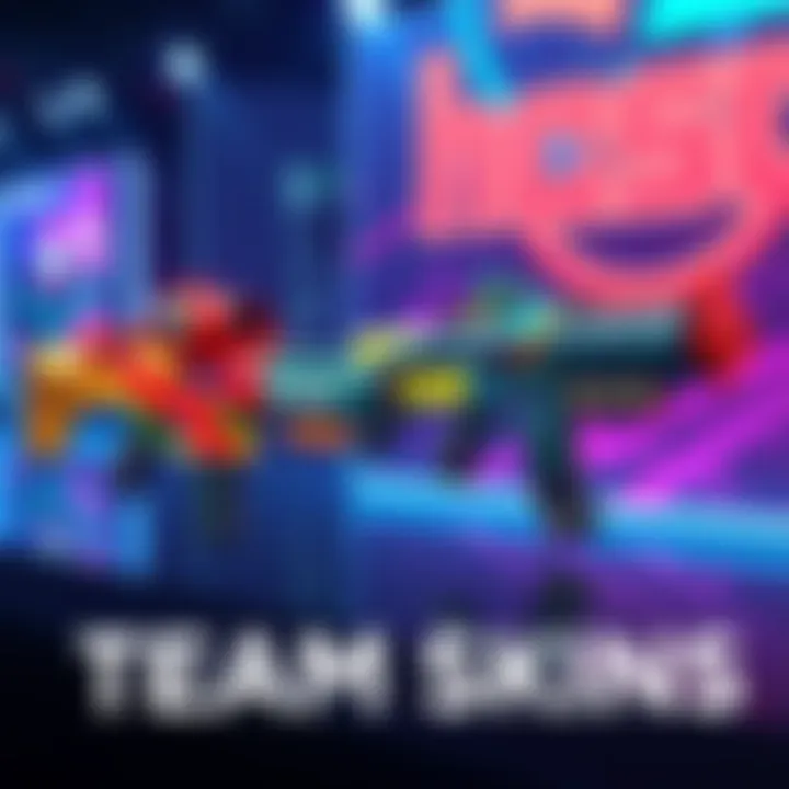 A colorful display of new team skins for 2025 HCS featuring designs for Shopify and TSM, highlighting unique weapon customizations, showcased at the SLC event.