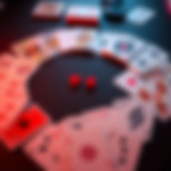 A collection of colorful playing cards spread out on a table showing a diverse range of card designs and symbols.