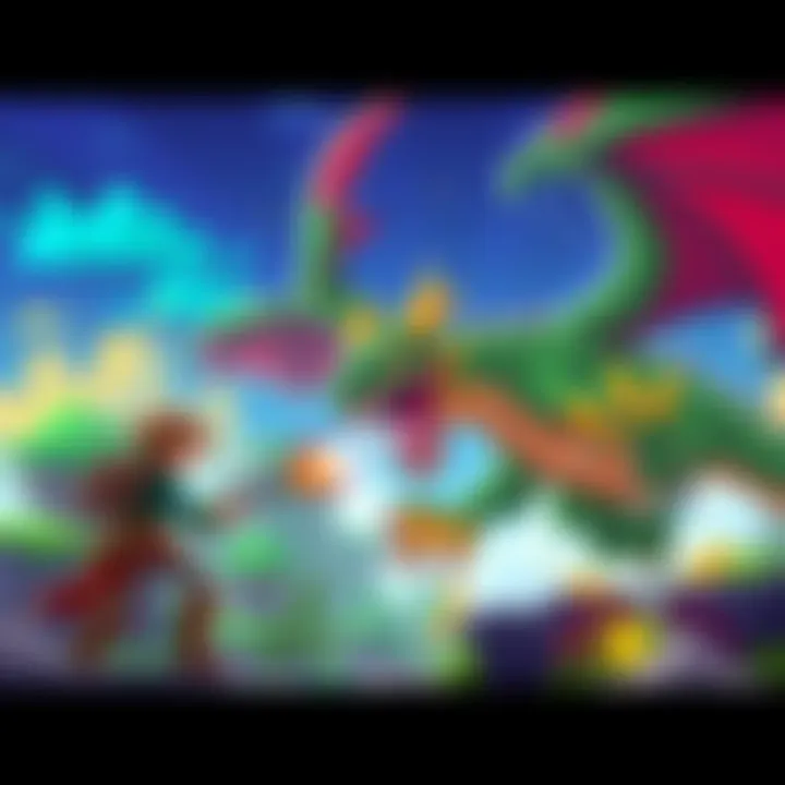 A pixel art style 2D Monster Hunter scene featuring a hunter battling a colorful dragon, with 8-bit graphics and vibrant backgrounds.