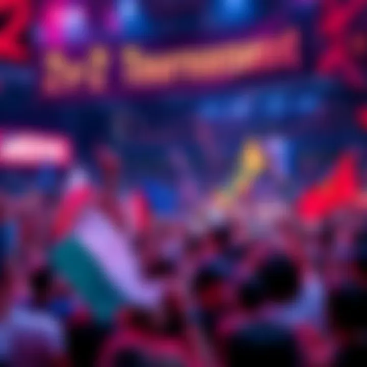 Fans celebrate the announcement of a 2v2 tournament with banners and flags representing MENA, EU, SAM, and NA regions.