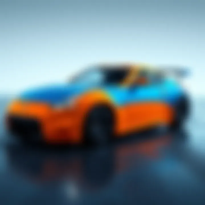 A Nissan 350Z sports car showcasing an orange and blue color design, parked and ready for a makeover.
