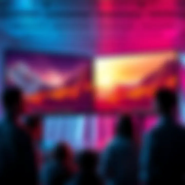 A side-by-side comparison of 36-inch monitors featuring 16:9 and 16:10 aspect ratios with people discussing their preferences.