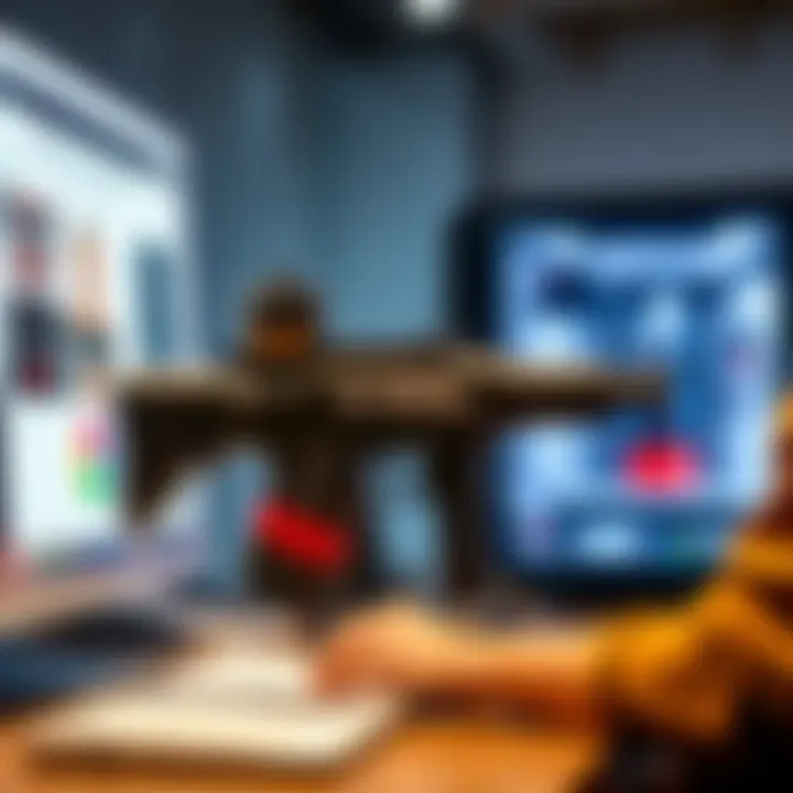 A person working on a computer to design a 3D model of a CE Tactical Sidearm, with a 3D printer in the background