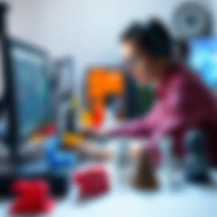 3D Printing with Domina A person using Domina software to create a 3D model on a computer, surrounded by 3D printed objects