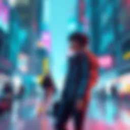 A character walking through a vibrant 3D city, engaging with other characters in a dating simulation environment.