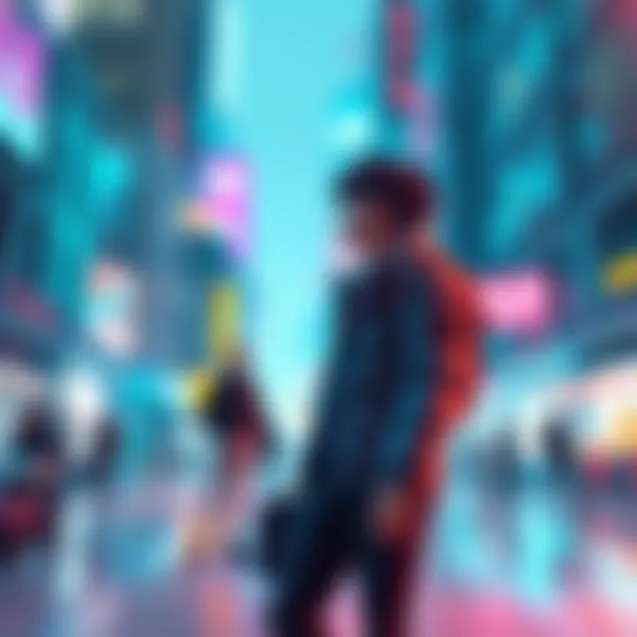 A character walking through a vibrant 3D city, engaging with other characters in a dating simulation environment.