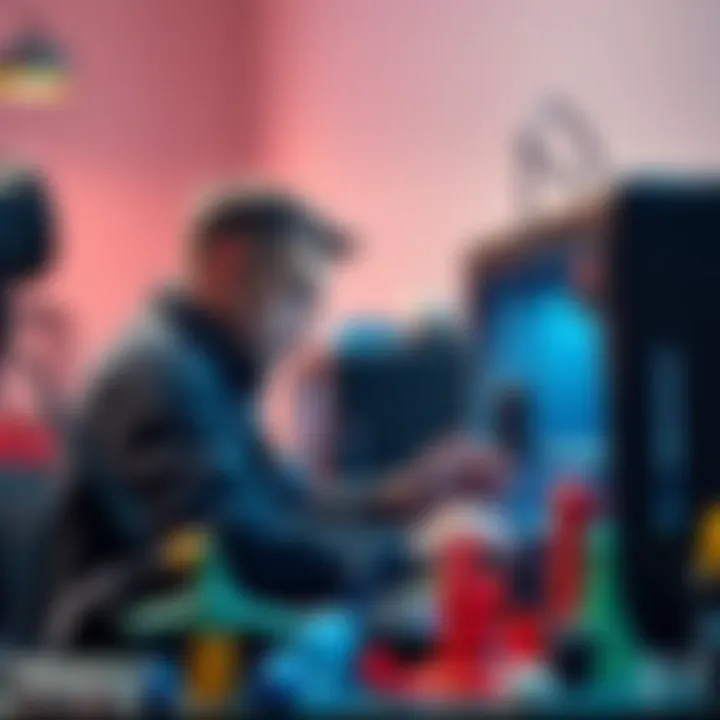 A person troubleshooting a 3D printer, looking focused and surrounded by tools and printed objects.