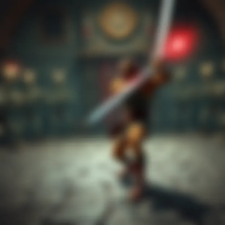 3D Sword Fighting Game Scene A player in a medieval setting swinging a sword using a mouse, with skeletons and orcs in the background, showcasing early 3D graphics.