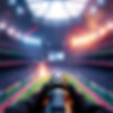 A gameplay scene showing a character in a stadium setting with a 3rd person camera view, highlighting a dynamic action moment.
