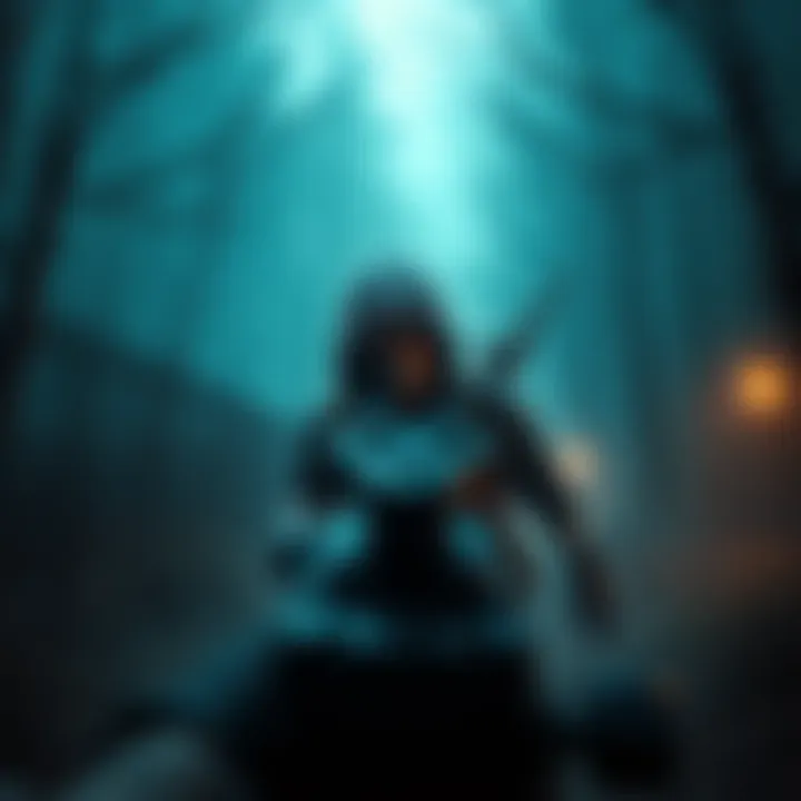 A player character in a survival game, viewed from a third-person perspective, surrounded by dark, eerie environments, with a focus on tension and strategy.