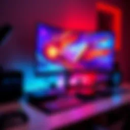 4K Gaming Setup A modern gaming setup featuring a 4K monitor displaying vibrant graphics, with a gaming console and accessories on the desk.