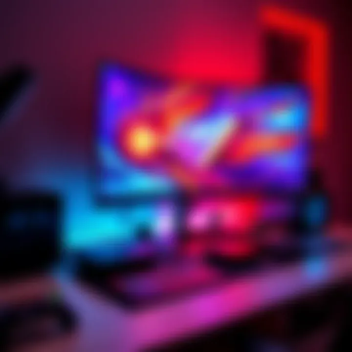 4K Gaming Setup A modern gaming setup featuring a 4K monitor displaying vibrant graphics, with a gaming console and accessories on the desk.