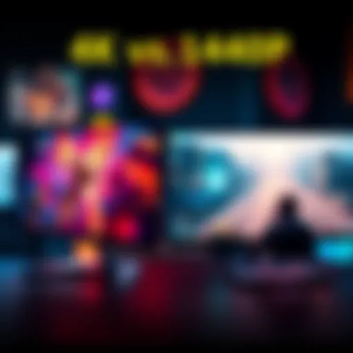 A side-by-side comparison of 4K and 1440p monitors displaying vibrant gaming graphics.