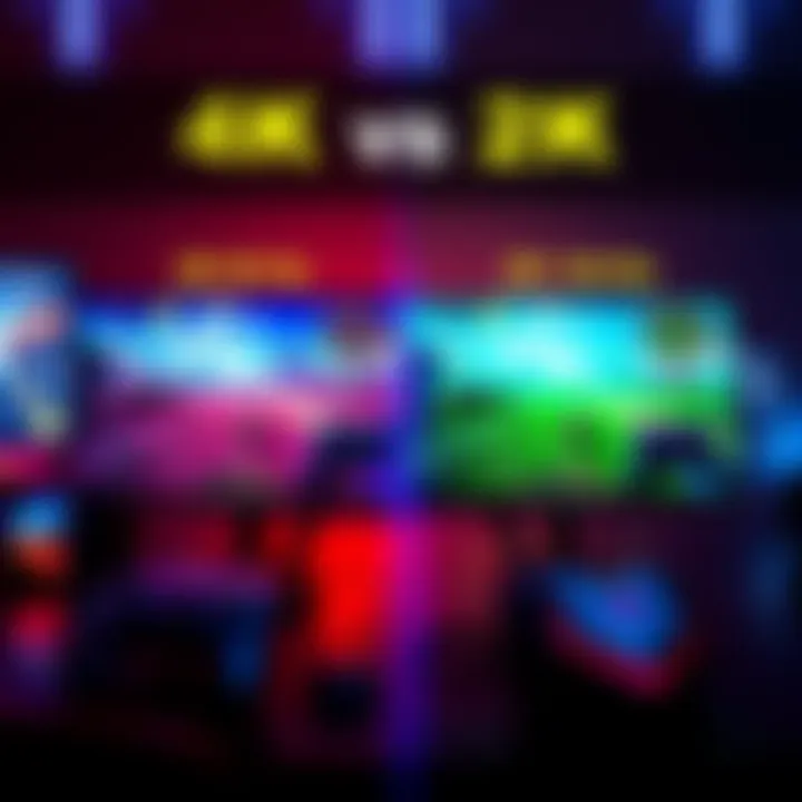 A side-by-side comparison of 4K 60 Hz and 2K 144 Hz gaming displays showing vibrant graphics and smooth gameplay, highlighting the differences in resolution and refresh rate.