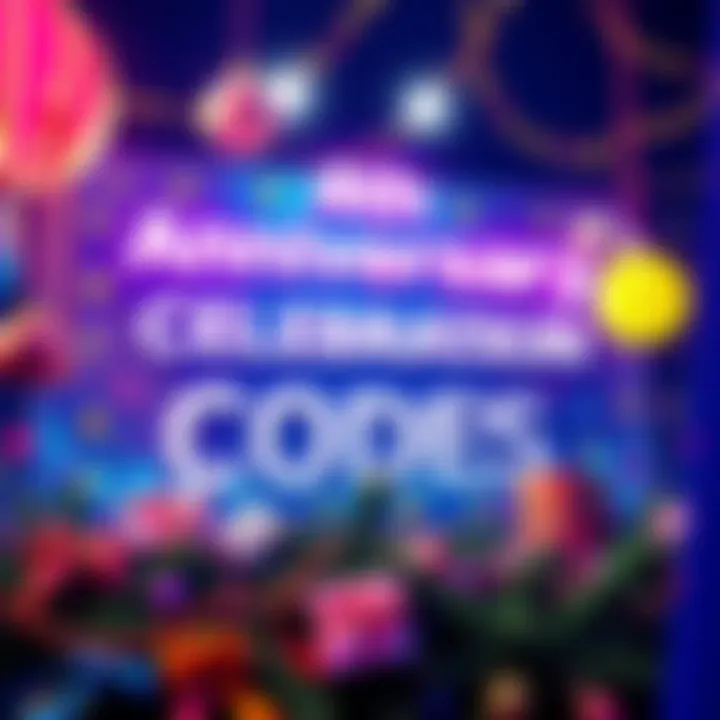 4th Anniversary Celebration Codes A colorful graphic displaying anniversary codes for rewards, featuring festive decorations and vibrant colors.