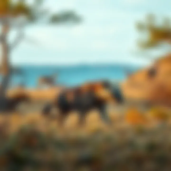 A hyena with distinctive markings roaming in a grassy habitat, surrounded by trees and wildlife.