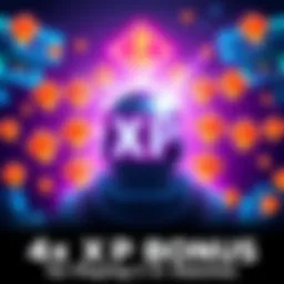 A vibrant graphic showing a gaming character surrounded by glowing XP icons, representing a four times XP bonus for playing multiple matches.