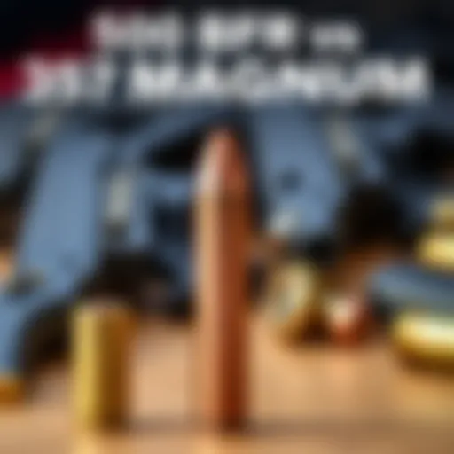 Two bullets side by side, showcasing the size difference between the 500 BFR and 357 Magnum, with a background of gun accessories.