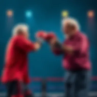 82-Year-Old Challenger Calls Out Hasan An 82-year-old person standing confidently in a boxing stance, ready to challenge a younger opponent in a fight, with excitement in the air.