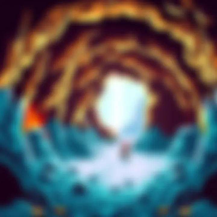 8-bit Cave Game Scene Colorful 8-bit graphics showing an underground cave with pixelated characters exploring