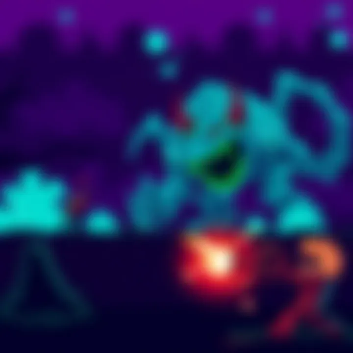 8-Bit Nightmare Boss Battle A player character fighting a creepy boss in a pixelated game environment, aiming to collect items like the Shortcut white shard.