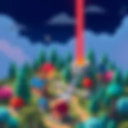 Colorful 8bit characters developing a small town with houses and trees in a pixel art style