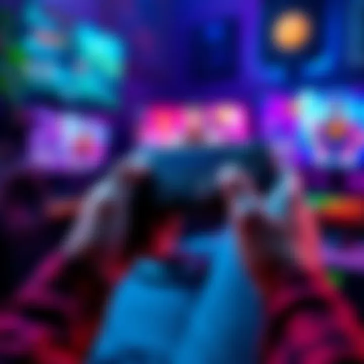 A gamer holds the 8BitDo Ultimate 2 controller while playing, showing improved gameplay focus and skill development, with a vibrant gaming setup in the background