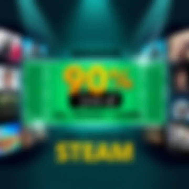 Promotional graphic for 90% discount on all Season 1 games on Steam, featuring colorful game covers and a bold sale banner