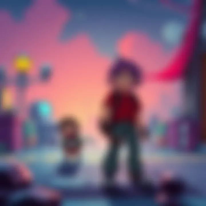 A purple-haired character and a shorter character stand in a retro game environment, illustrated with pseudo-3D graphics.