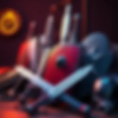 A collection of nostalgic 90's gaming gear including swords and shields, reflecting childhood gaming experiences.