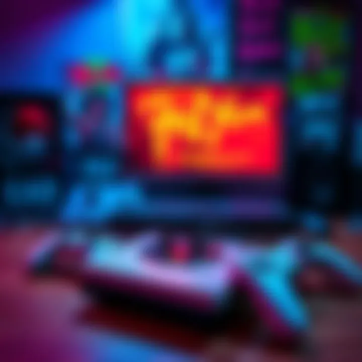A retro gaming setup with a console, controllers, and a vibrant background featuring rock music posters from the 90's.