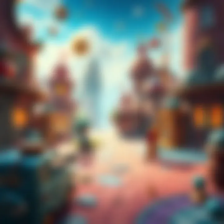 A vibrant digital artwork showcasing characters exploring a colorful 90s-inspired game world filled with quirky objects and engaging settings.