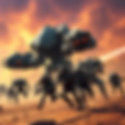 A 9-man team in action against large robotic foes during a fierce battle, showcasing teamwork and strategy.