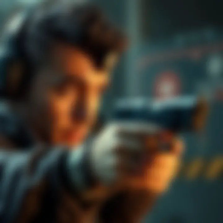 A close-up of a player aiming a 9mm pistol with a focused expression, ready to shoot at an enemy target in a game setting.