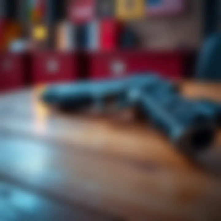 A close-up of a 9mm pistol resting on a wooden table, showing its sleek design and grip.