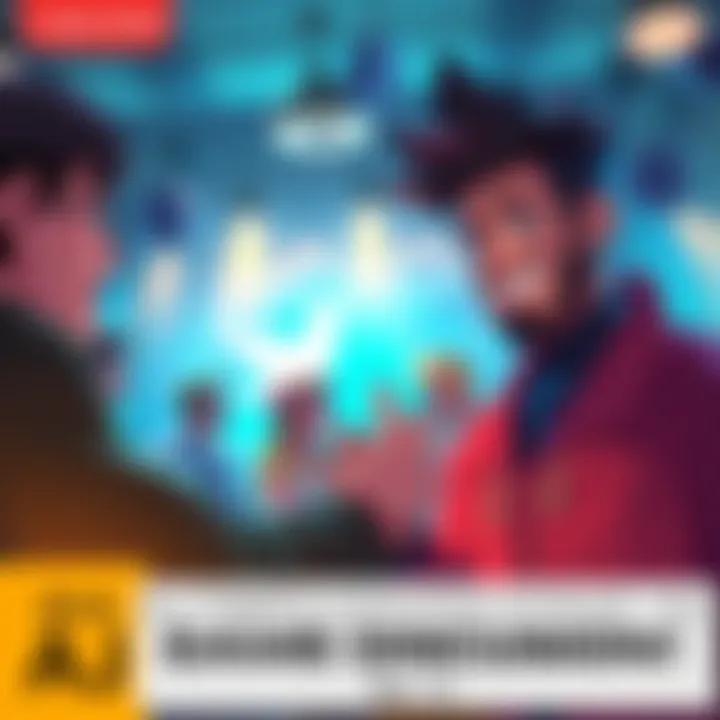 AJ, the cheerful character, engaging with players in a lively game discussion about story and characters.