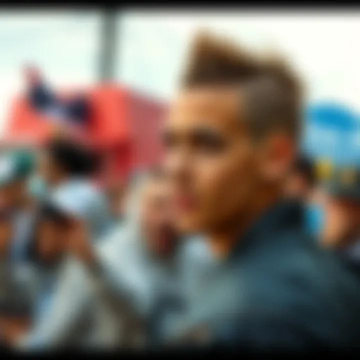 AJ showing off his bold and unique haircut while standing outside, with a mix of fans reacting to his style in the background.