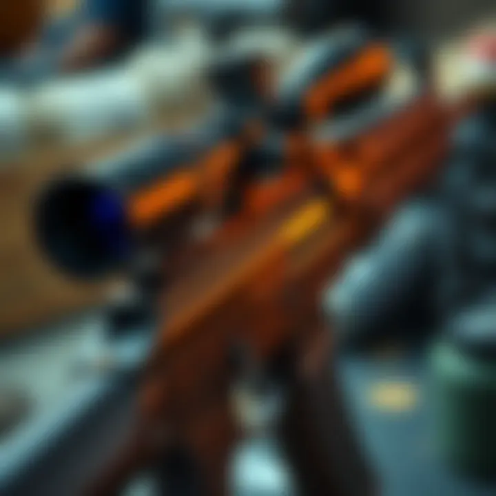 A close-up of an AK rifle equipped with a long-range scope and tactical attachments, ready for precision shooting.